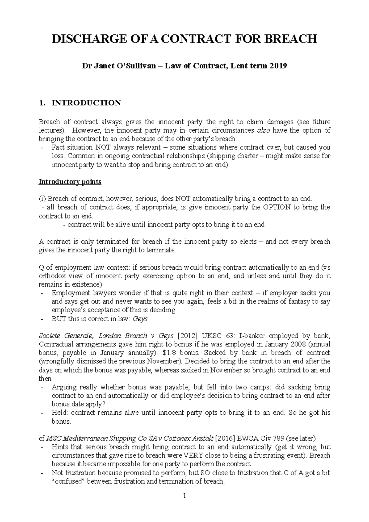 Contract handout 2019 - discharge of a contract - DISCHARGE OF A ...