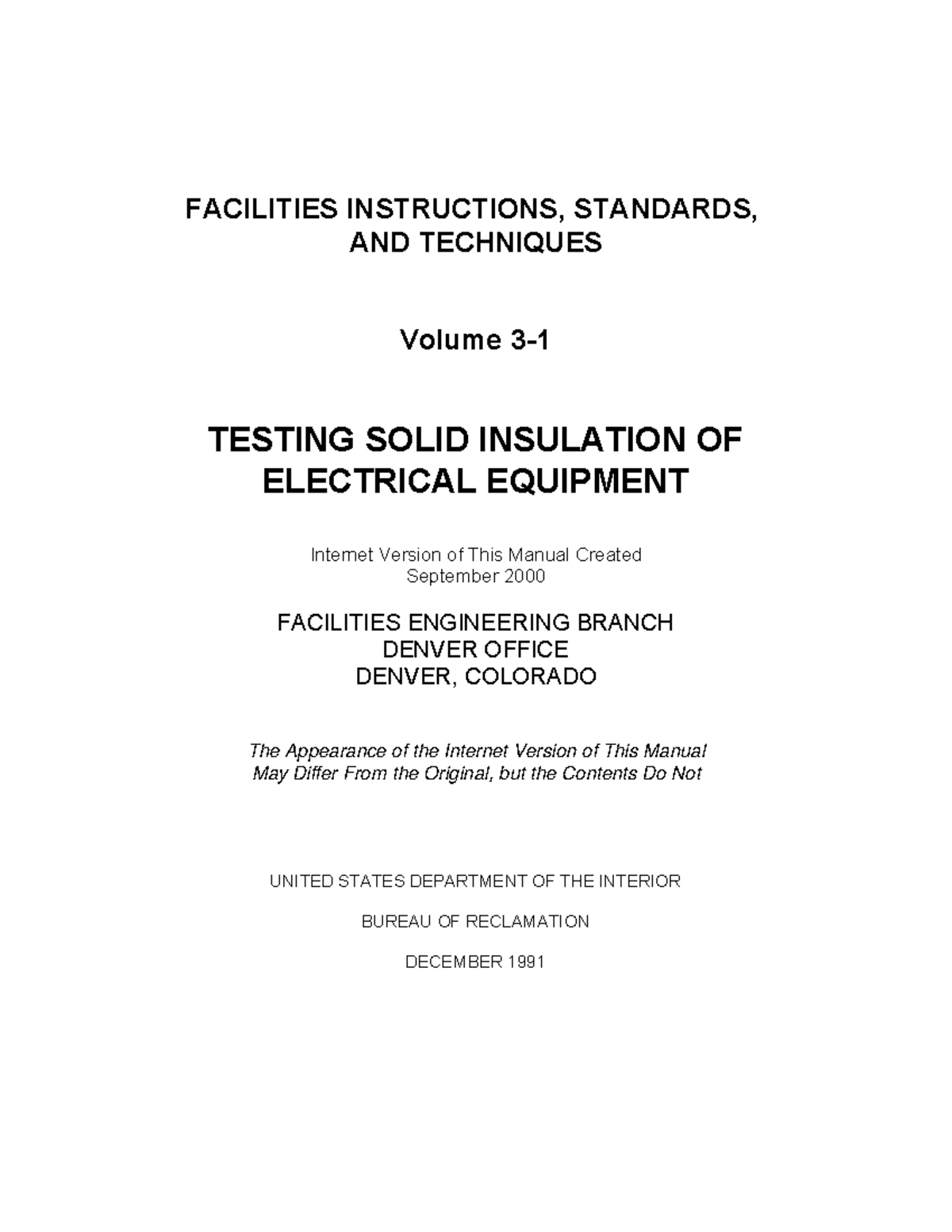 30207516 Insulation Resistance Testing FACILITIES INSTRUCTIONS