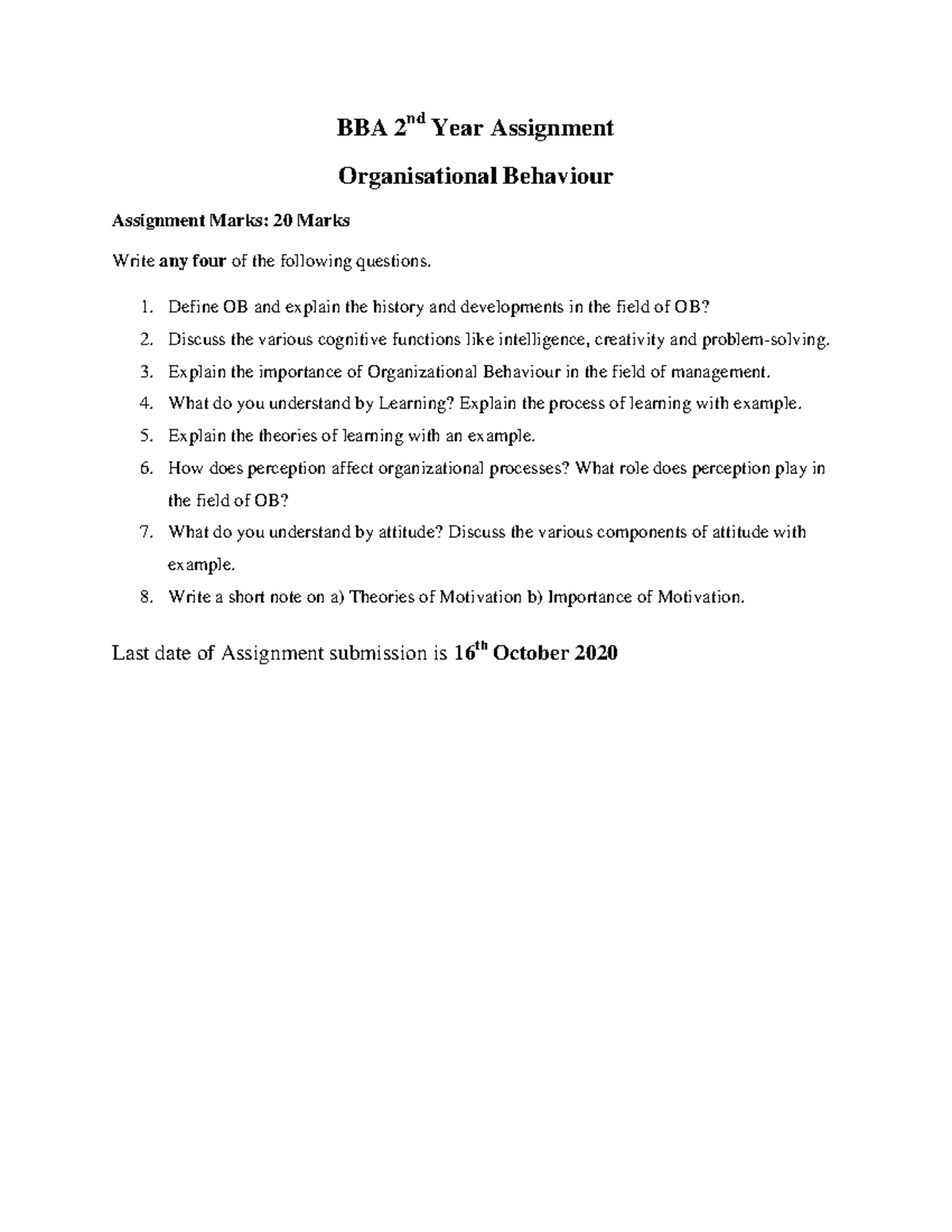 OB Assignment 1 - BBA 2nd Year Assignment Organisational Behaviour ...