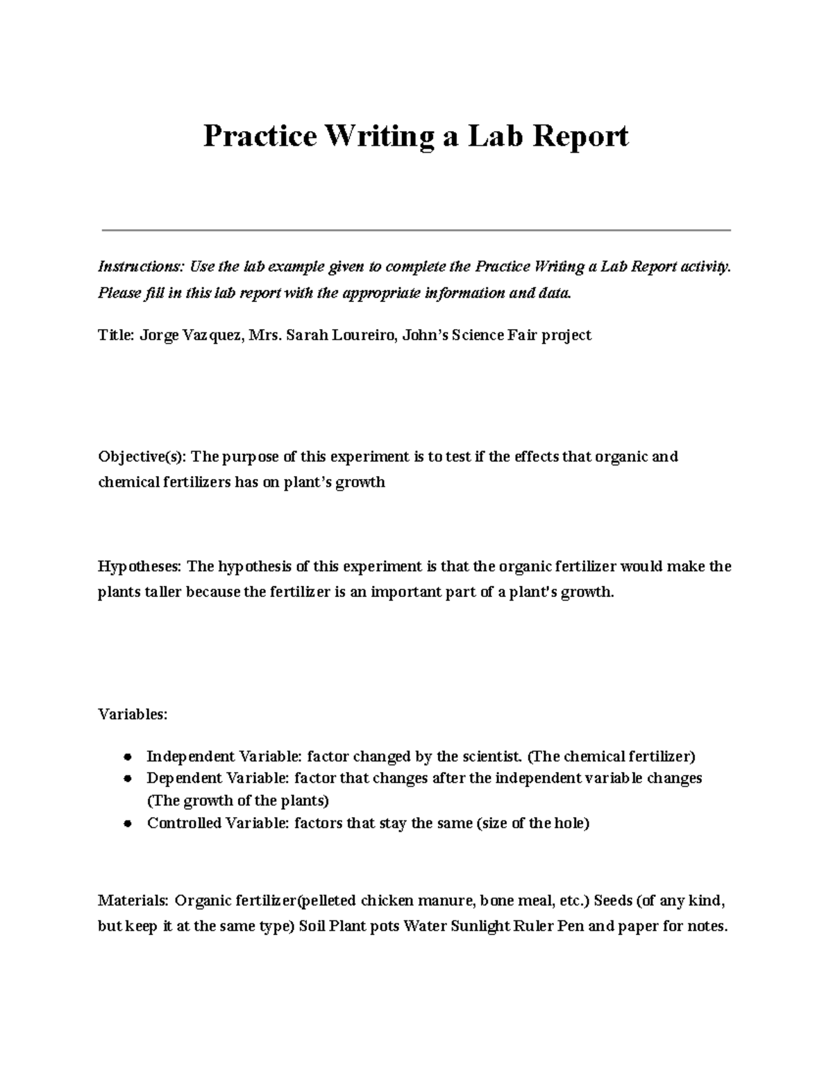 Untitled document (14) - Practice Writing a Lab Report Instructions ...