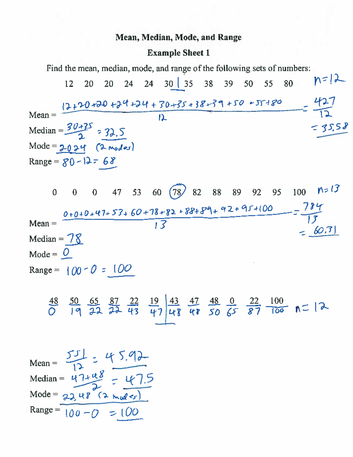 Math 147 Mean Median Mode example 1 Completed - Mean, Median, Mode, and ...