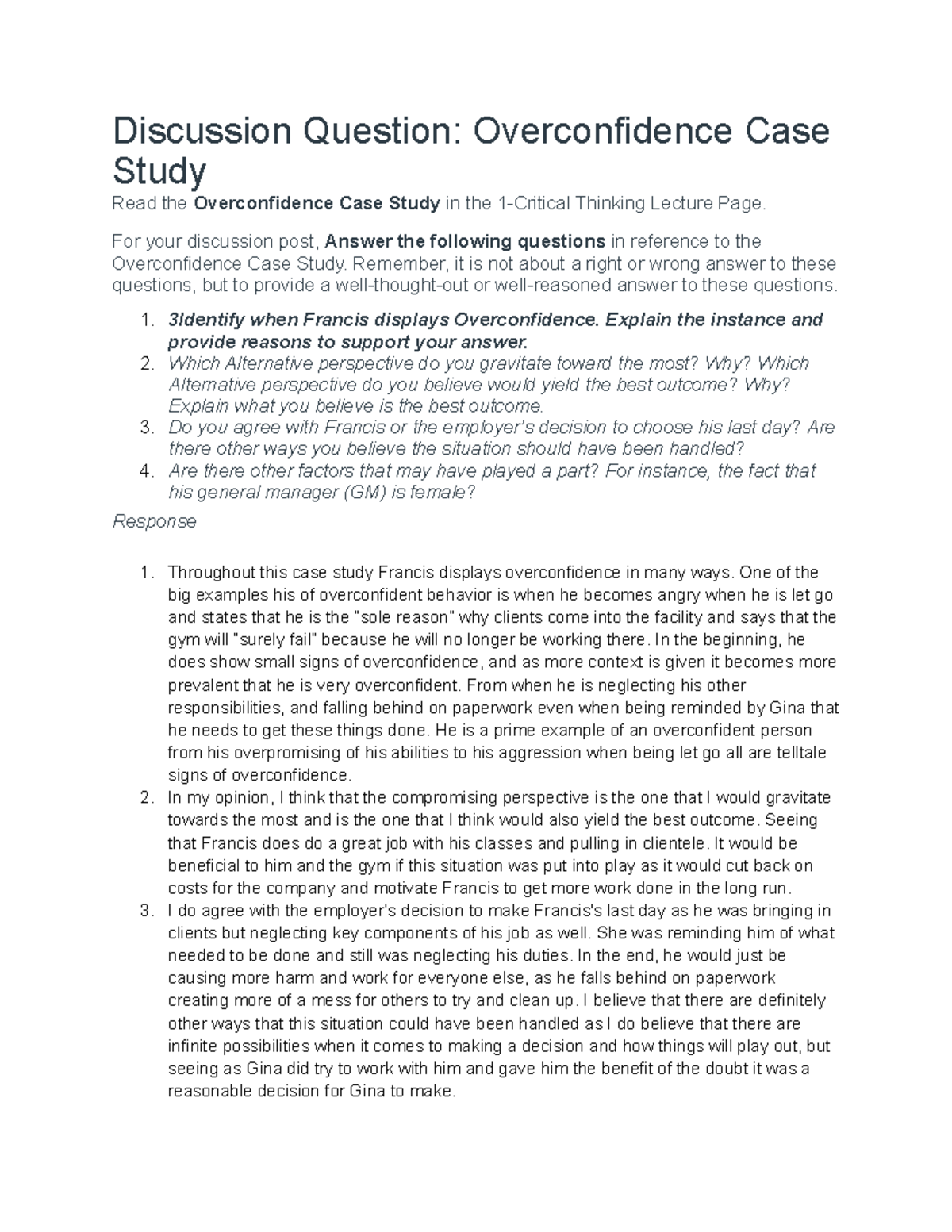 Discussion Question Overconfidence Case Study Discussion Question