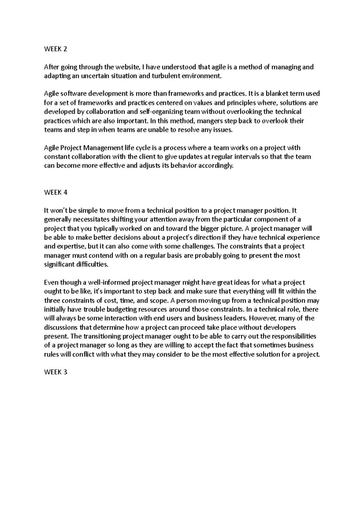 Project management - test - WEEK 2 After going through the website, I ...