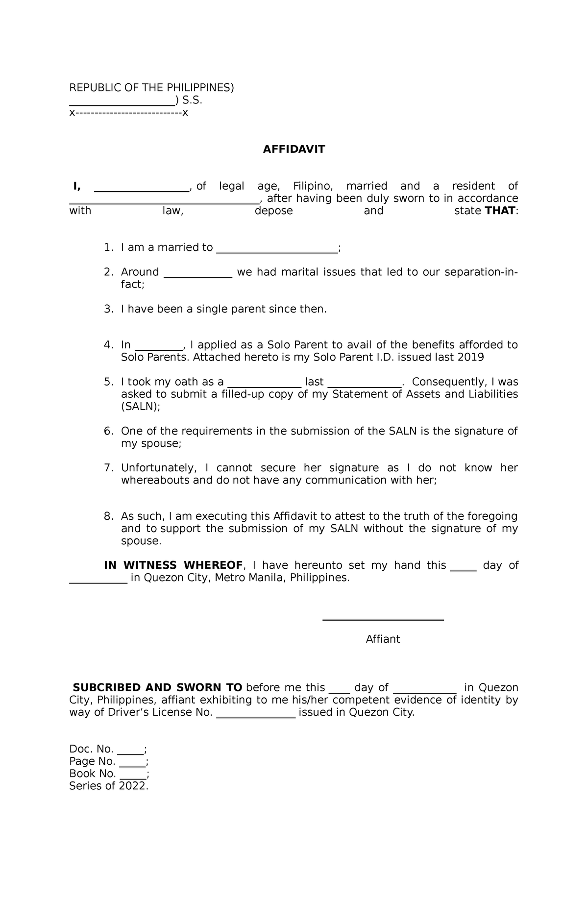 Affidavit of Single Parent Template - REPUBLIC OF THE PHILIPPINES ...