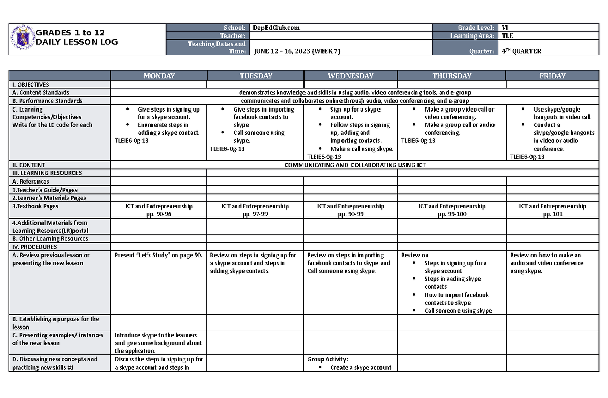 DLL TLE 6 Q4 W7 - Sample Lesson Plan in TLE 6 - GRADES 1 to 12 DAILY ...