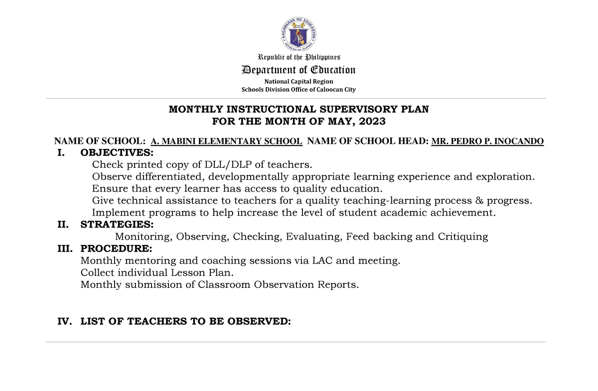 May2023 Instructional Supervisory Plan Department Of Education National Capital Region Schools 3140