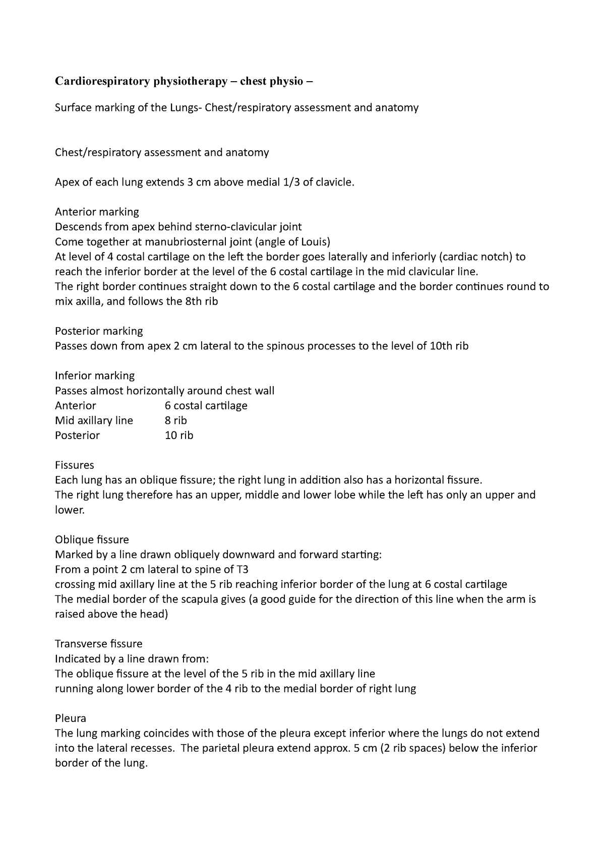 Cardiorespiratory physiotherapy – chest physio – Surface marking of the ...