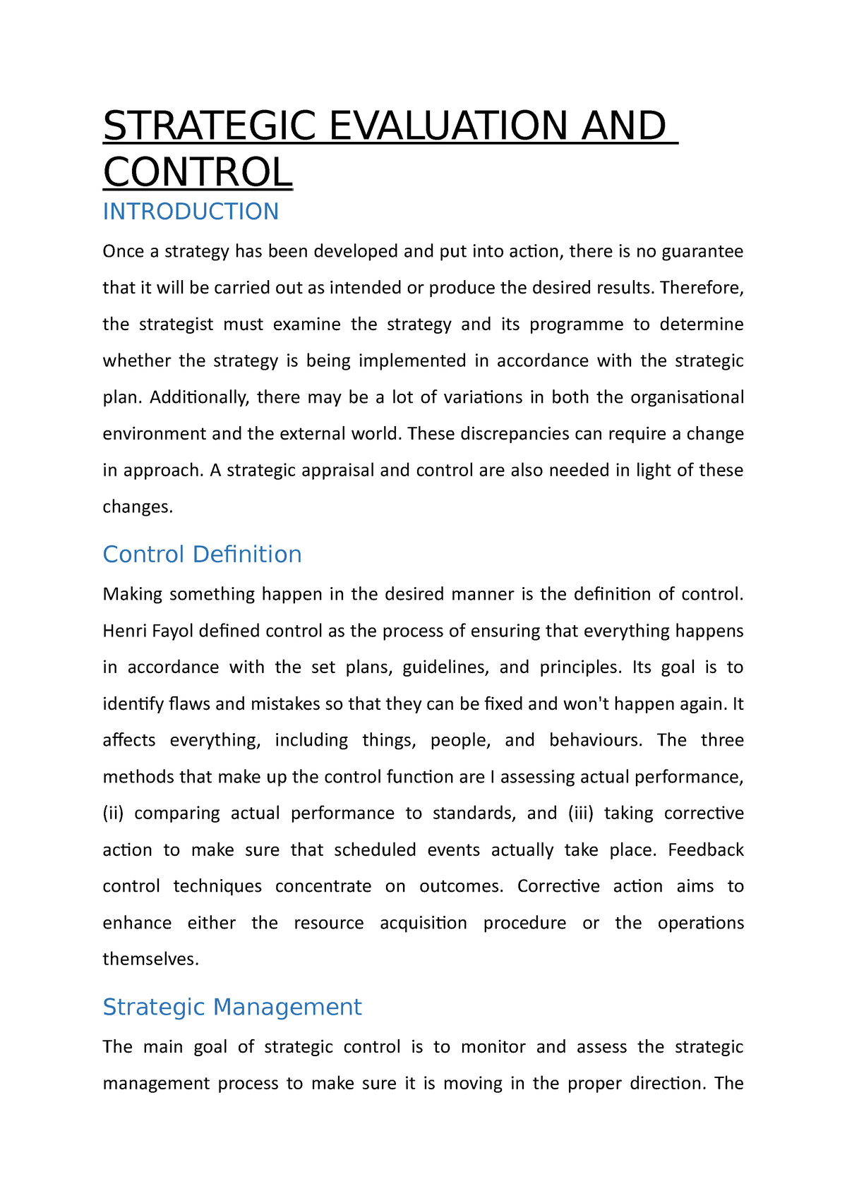 case study on strategic evaluation and control