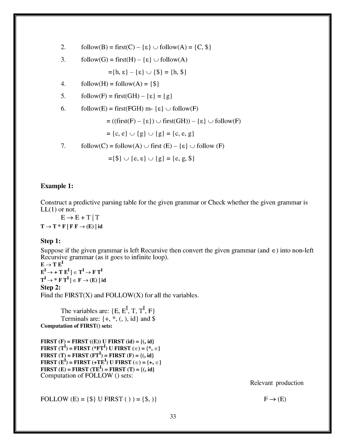 Compiler Design Notes Pdf- Follow(B) = First(C) – { } Follow(A) = {C ...