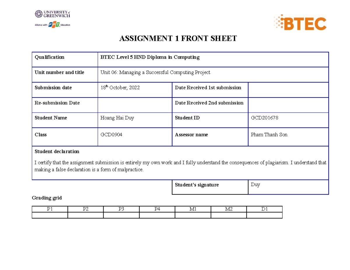 Unit 06 Assignment 1 frontsheet - ASSIGNMENT 1 FRONT SHEET ...