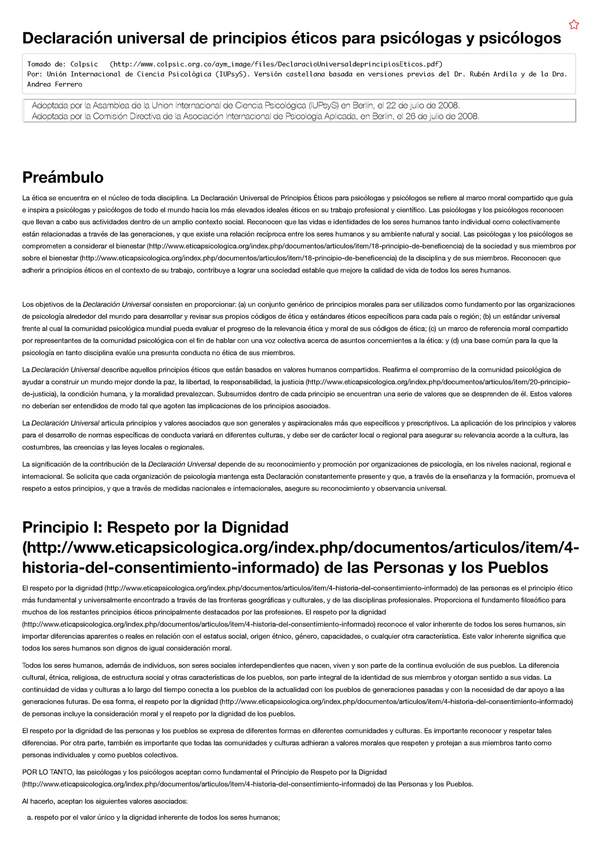 Declaración Universal De Principios éticos Para Psicólogas Y Psicólogos ...