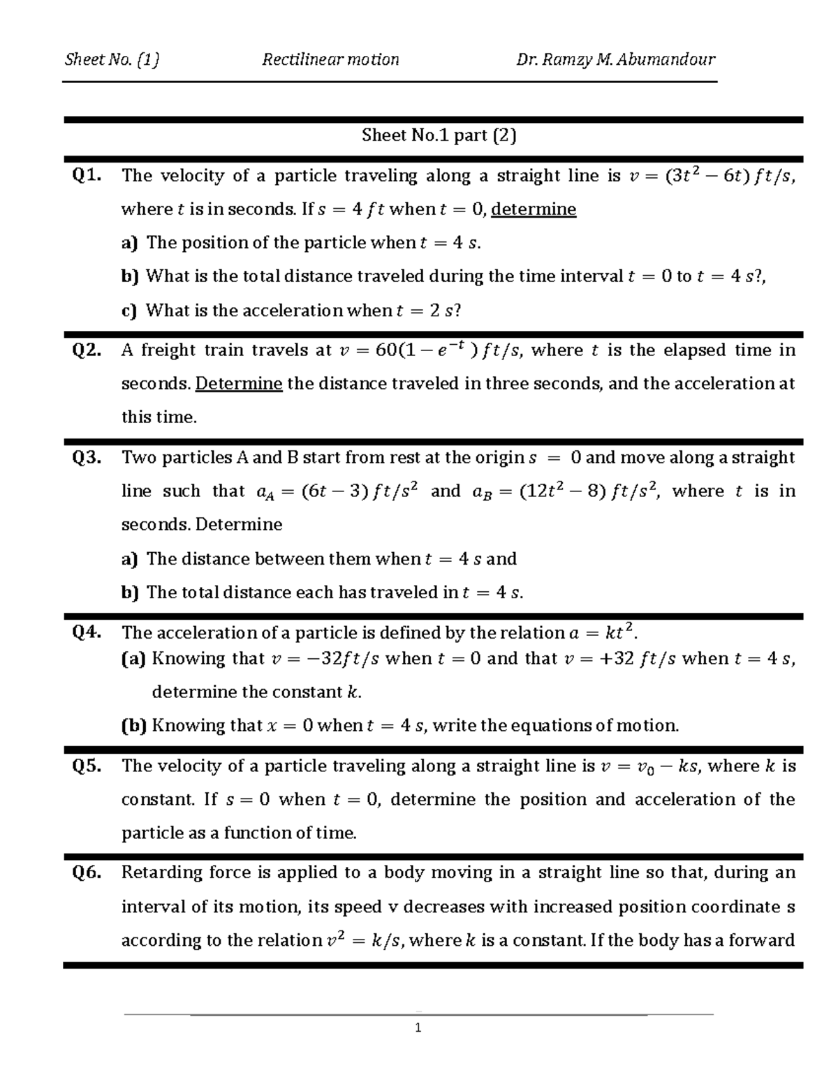 Ftpdf 3 Rectilinear motion Sheet No part (2) Q1. The velocity of a