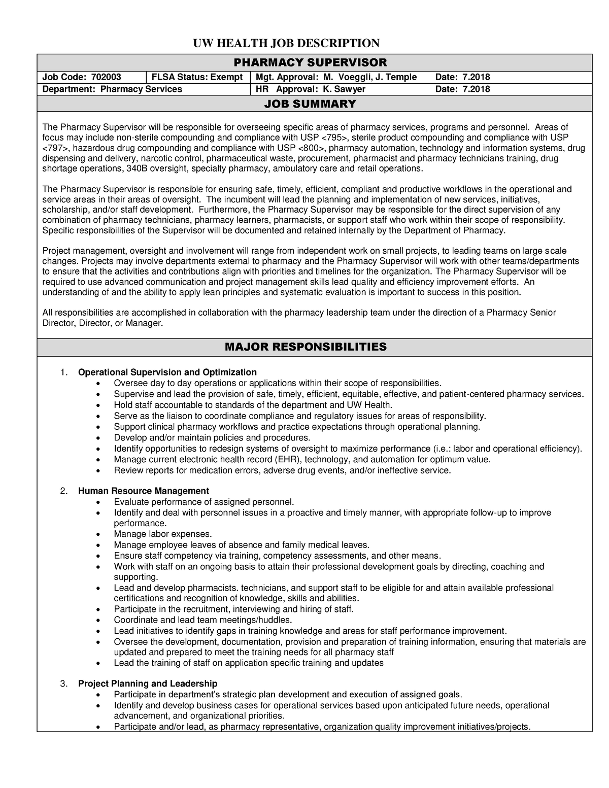 Pharmacy - notes - UW HEALTH JOB DESCRIPTION PHARMACY SUPERVISOR Job ...