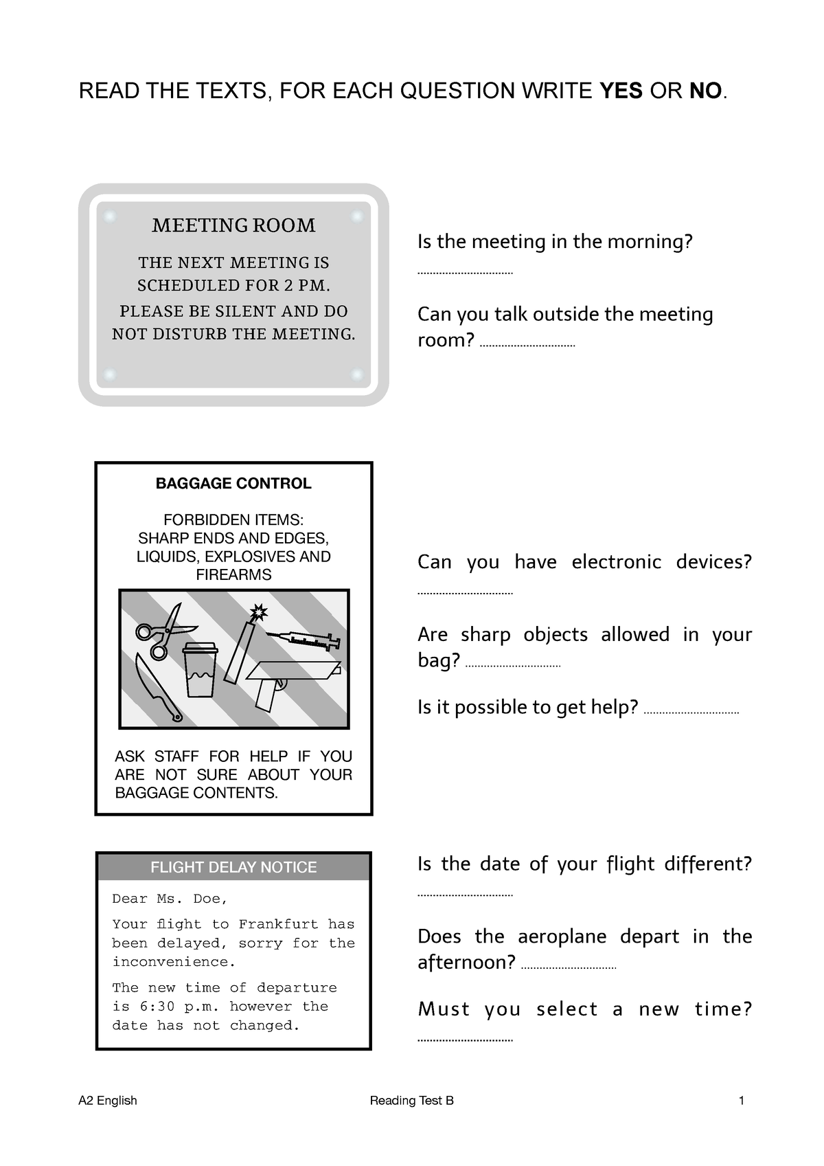 Basic English Test B - READ THE TEXTS, FOR EACH QUESTION WRITE YES OR ...