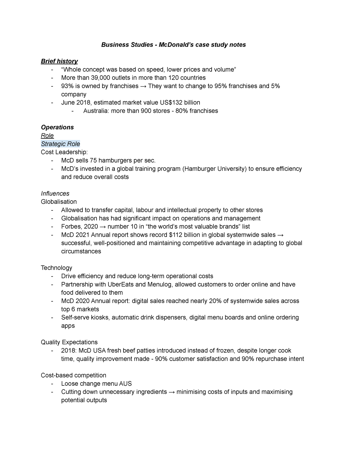 Mcdonalds case study Business Studies McDonald’s case study notes