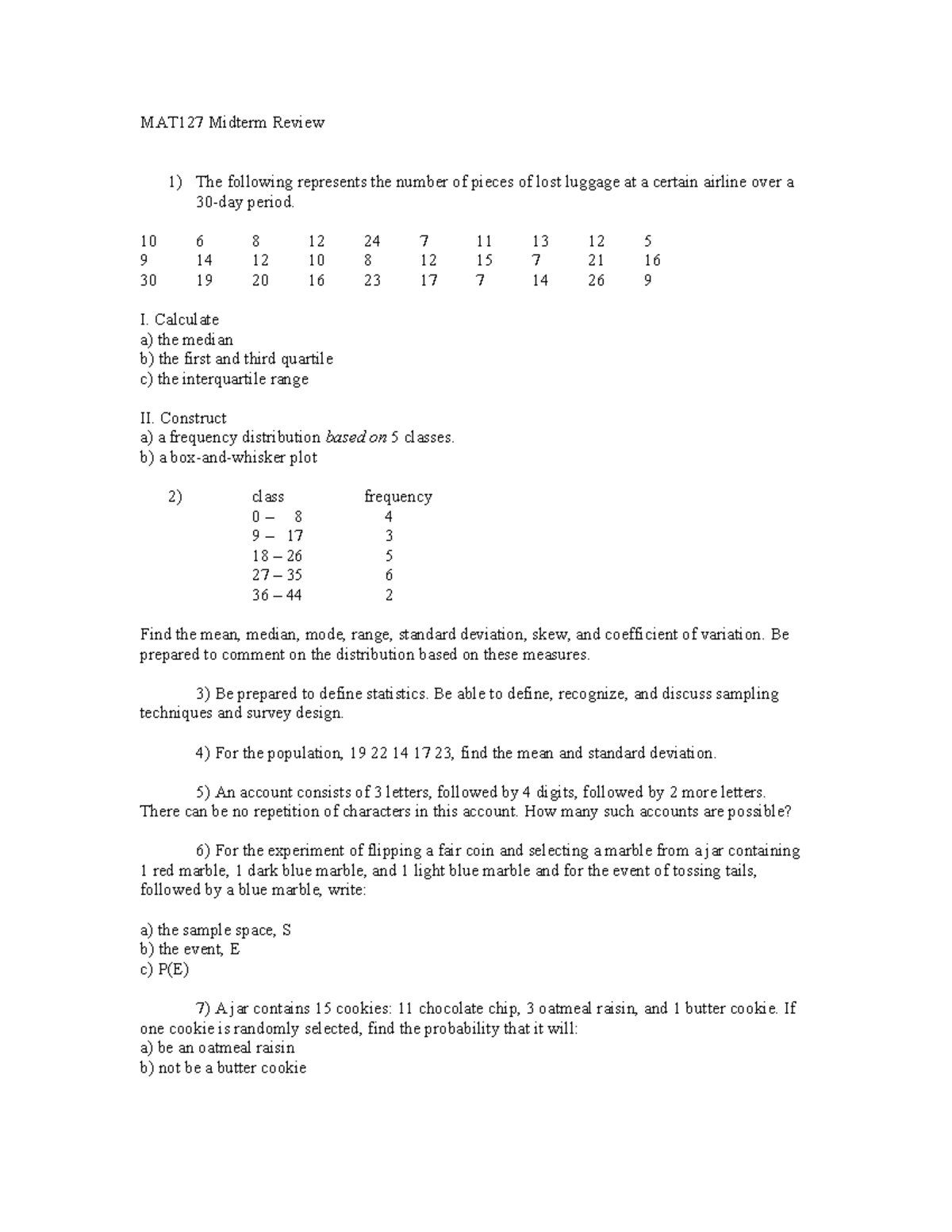 MAT127 Midterm Review 101 - MAT127 Midterm Review 1) The following ...