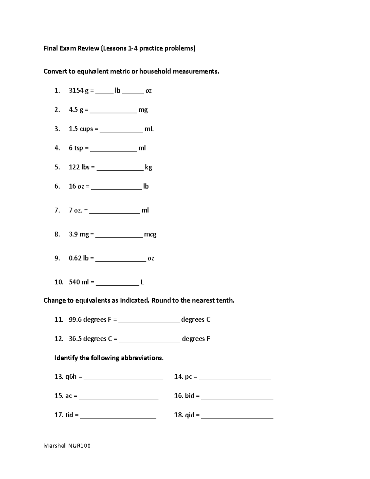 Comprehensive Final Exam Review Conversions and Oral, Parenteral, IV ...