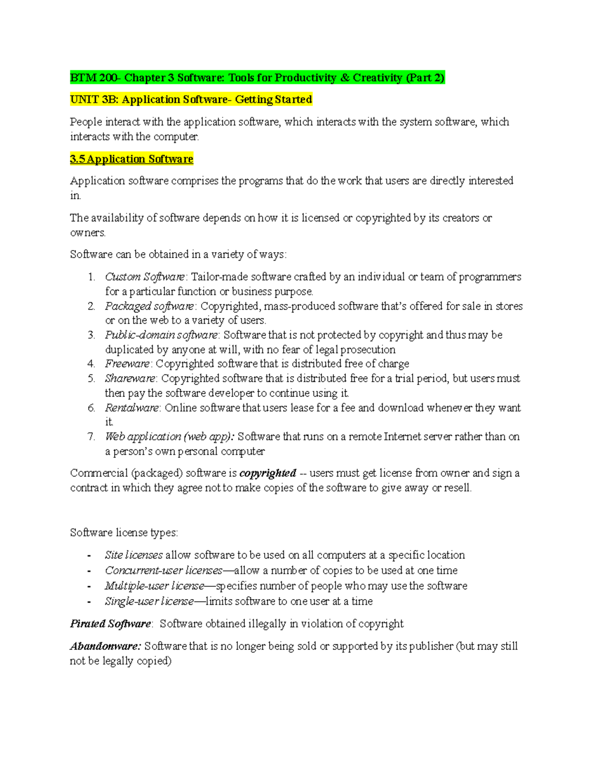 BTM 200 Chapter 3B (Unit 4) notes - BTM 200- Chapter 3 Software: Tools ...