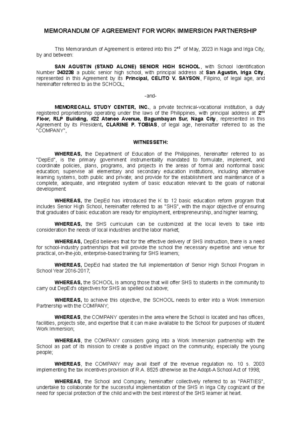 MOA Memorecall - n/a - MEMORANDUM OF AGREEMENT FOR WORK IMMERSION ...