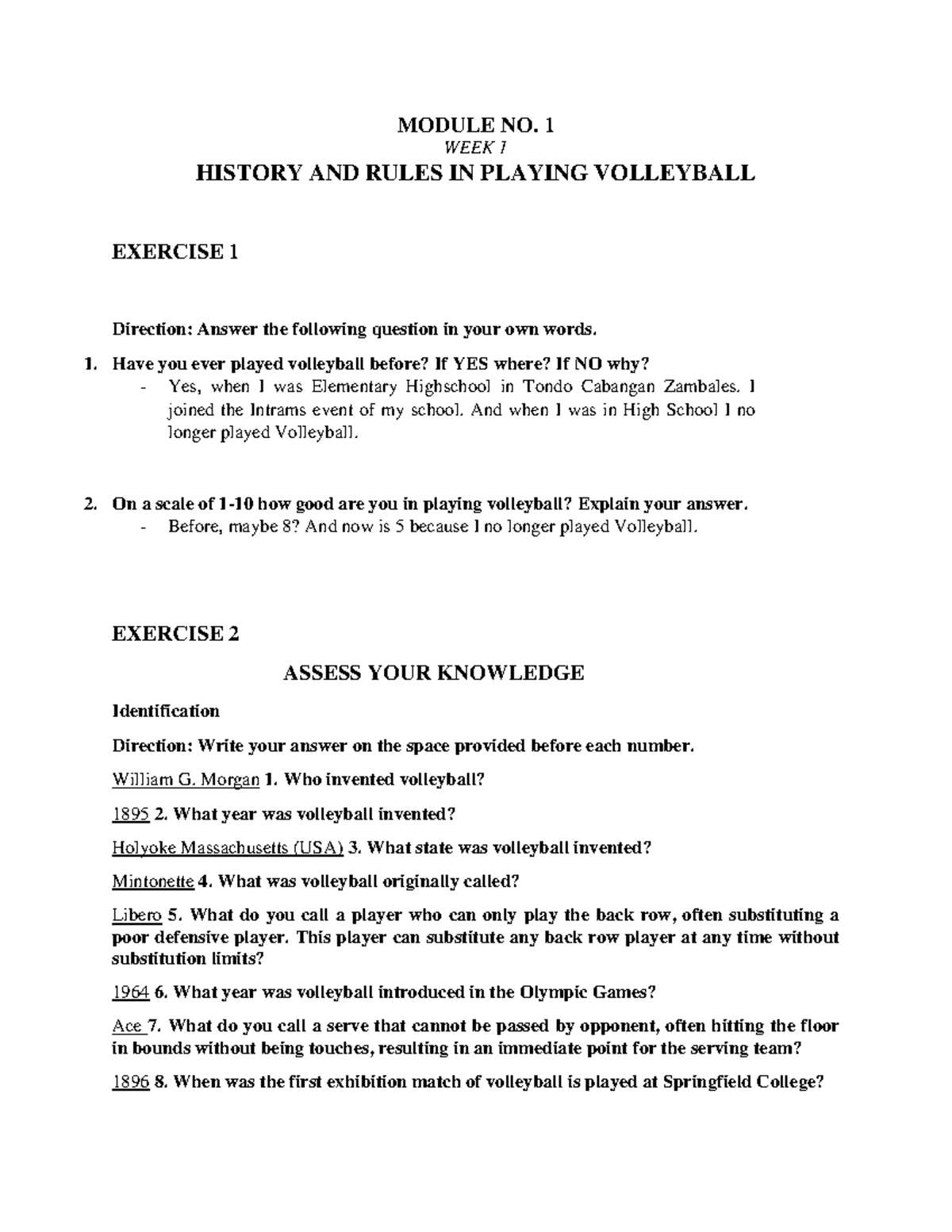 History AND Rules IN Playing Volleyball - MODULE NO. 1 WEEK 1 HISTORY ...