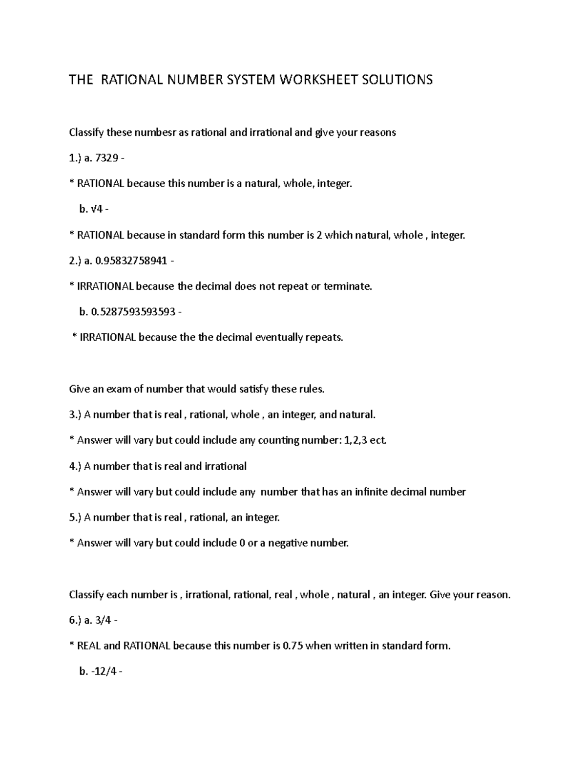 Mathact - Do it - THE RATIONAL NUMBER SYSTEM WORKSHEET SOLUTIONS ...