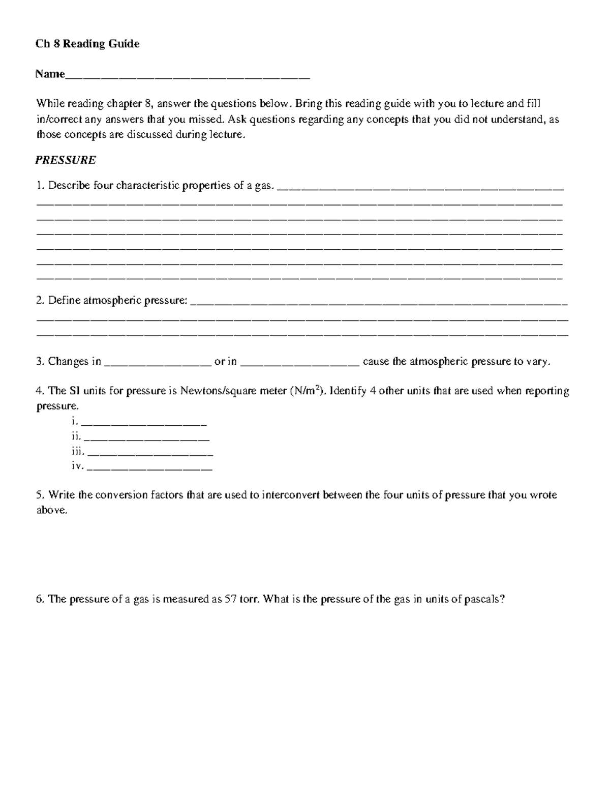 Chapter 8 Reading Guide Gases - Ch 8 Reading Guide Name