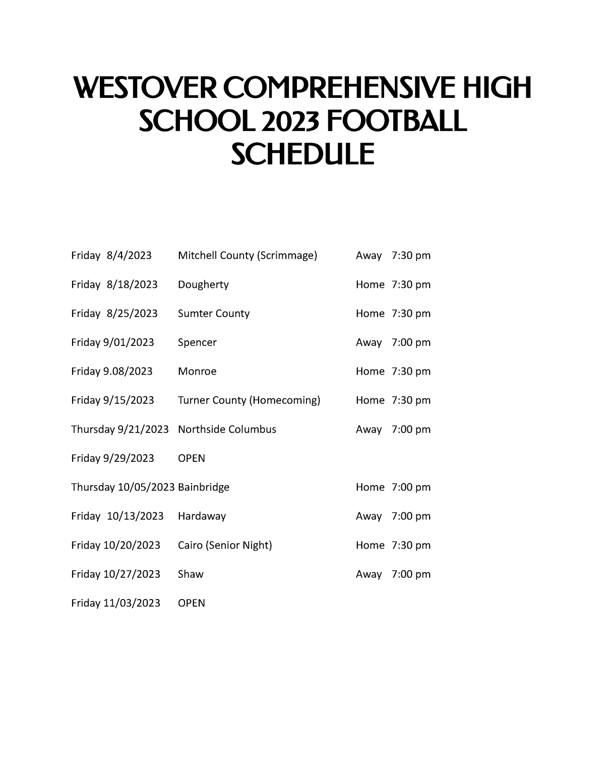 WHS 2023 Football Schedule.docx WESTOVER COMPREHENSIVE HIGH SCHOOL