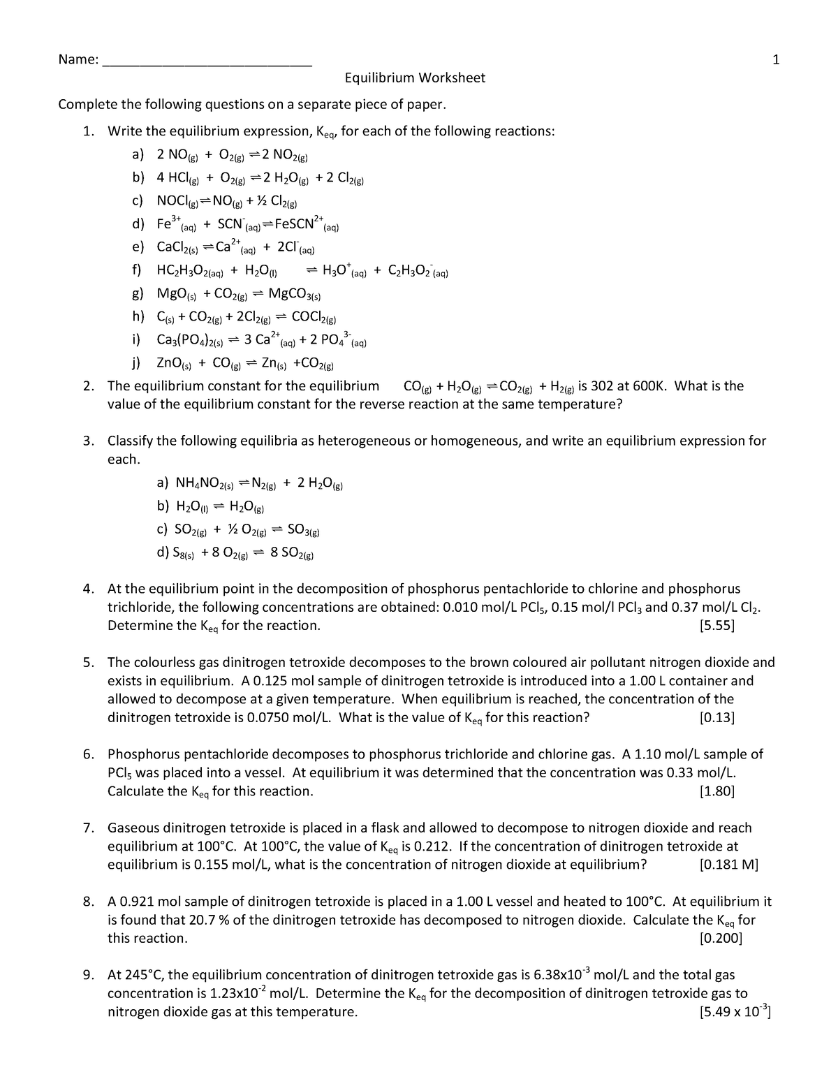 Worksheet - Equilibrium Constant Calculations no3 - Name ...