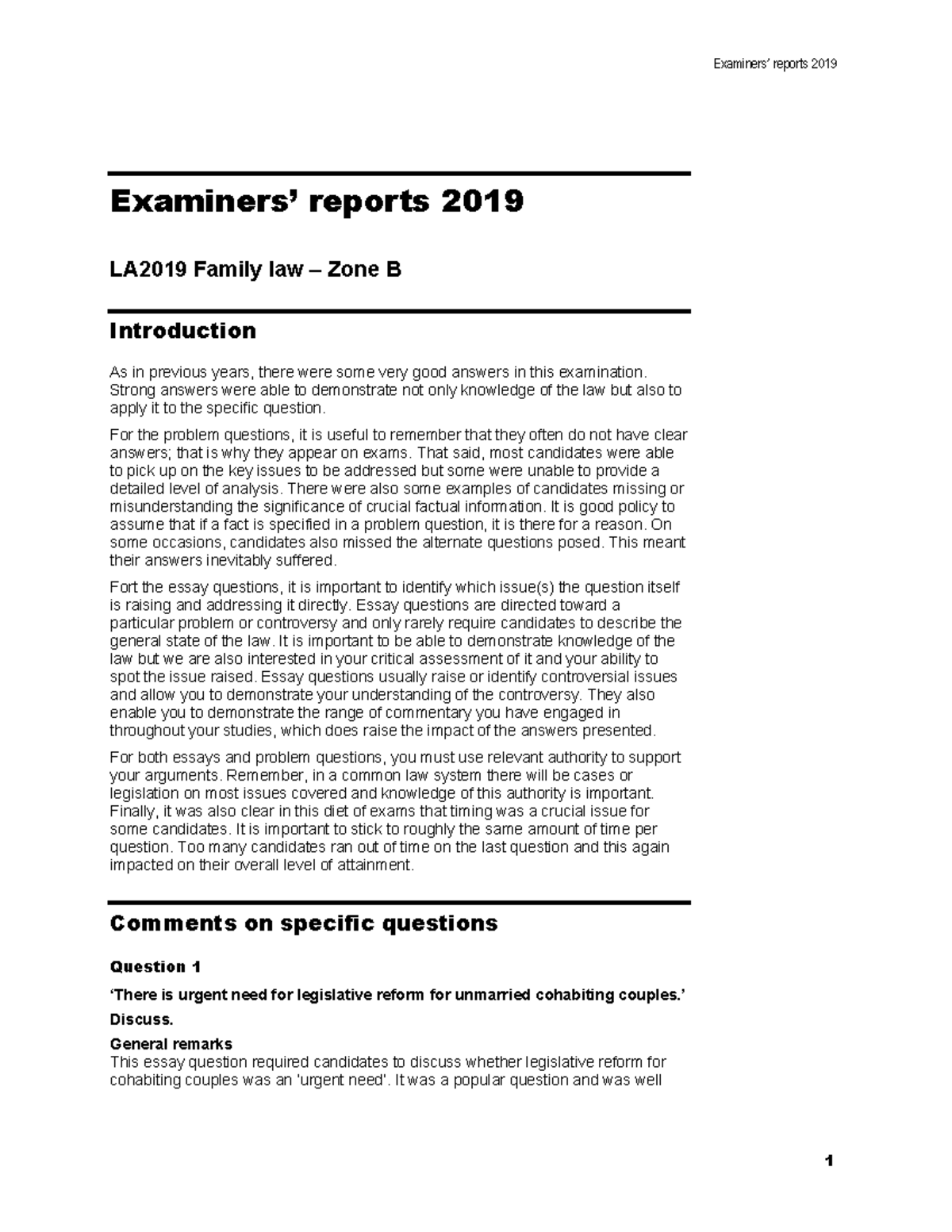 Family Report 2019 B Question Paper UOL - Examiners’ Reports 2019 ...