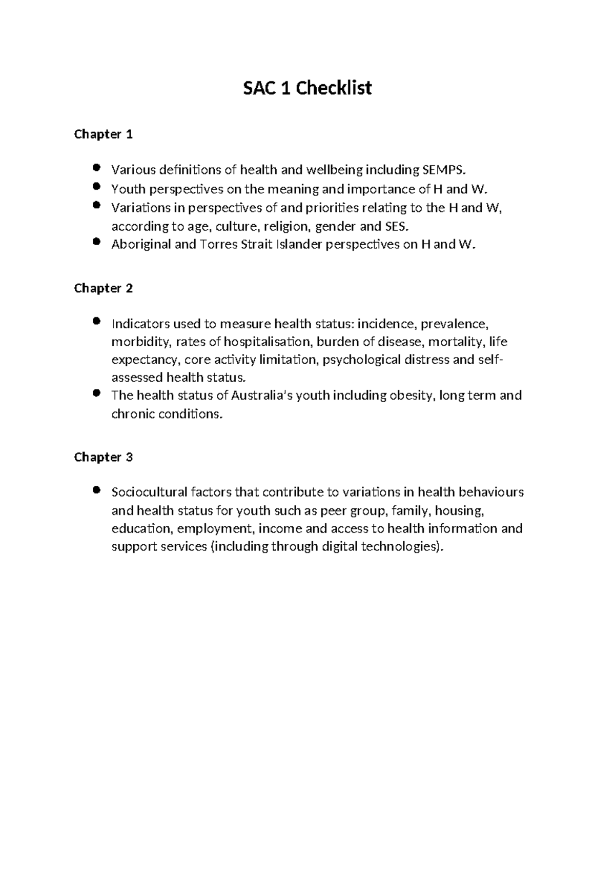 SAC 1 Checklist - abcdef - SAC 1 Checklist Chapter 1 Various ...