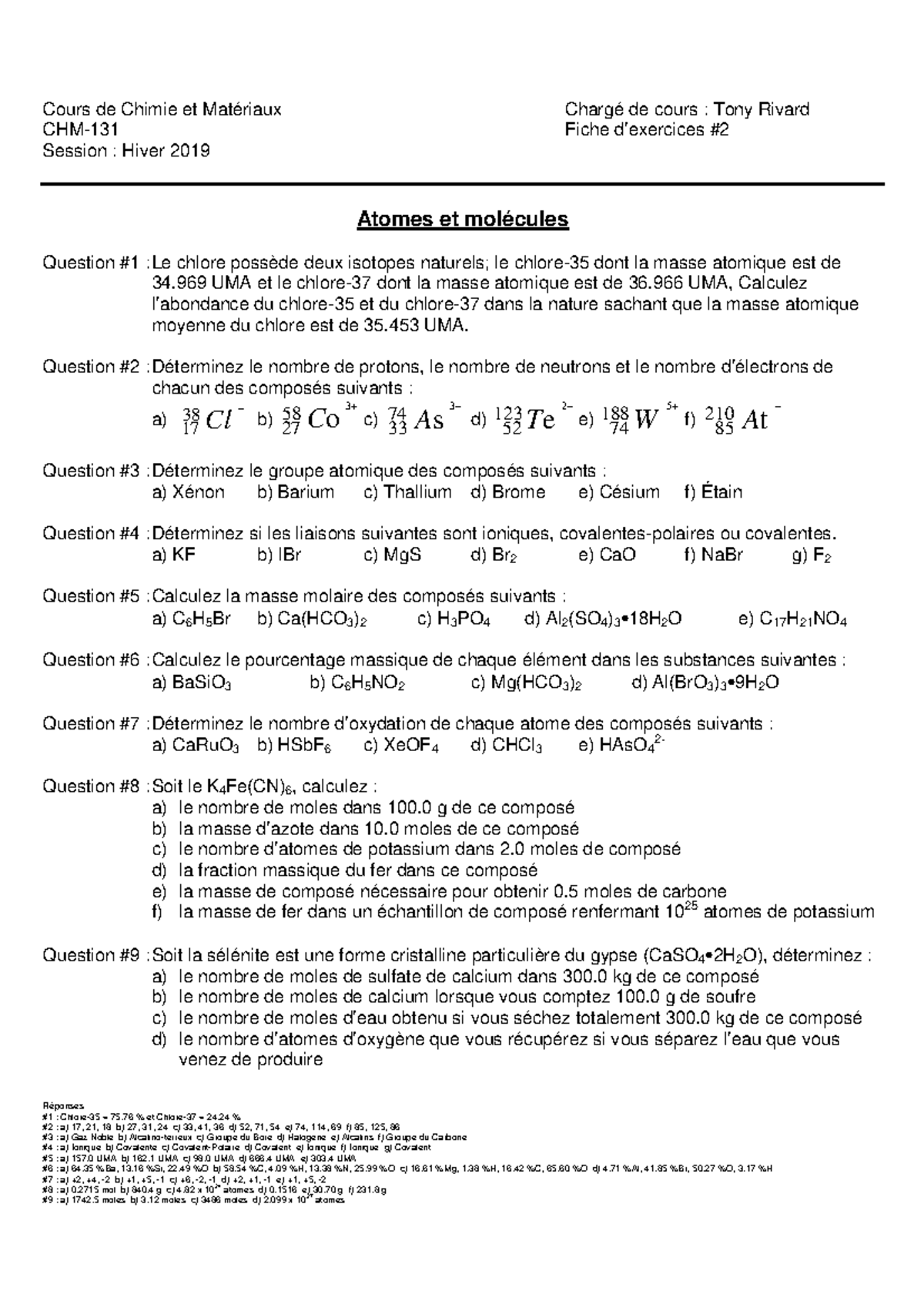 CHM-131 Exercice TP2 gr01 - Cours de Chimie et Matériaux CHM-131 ...