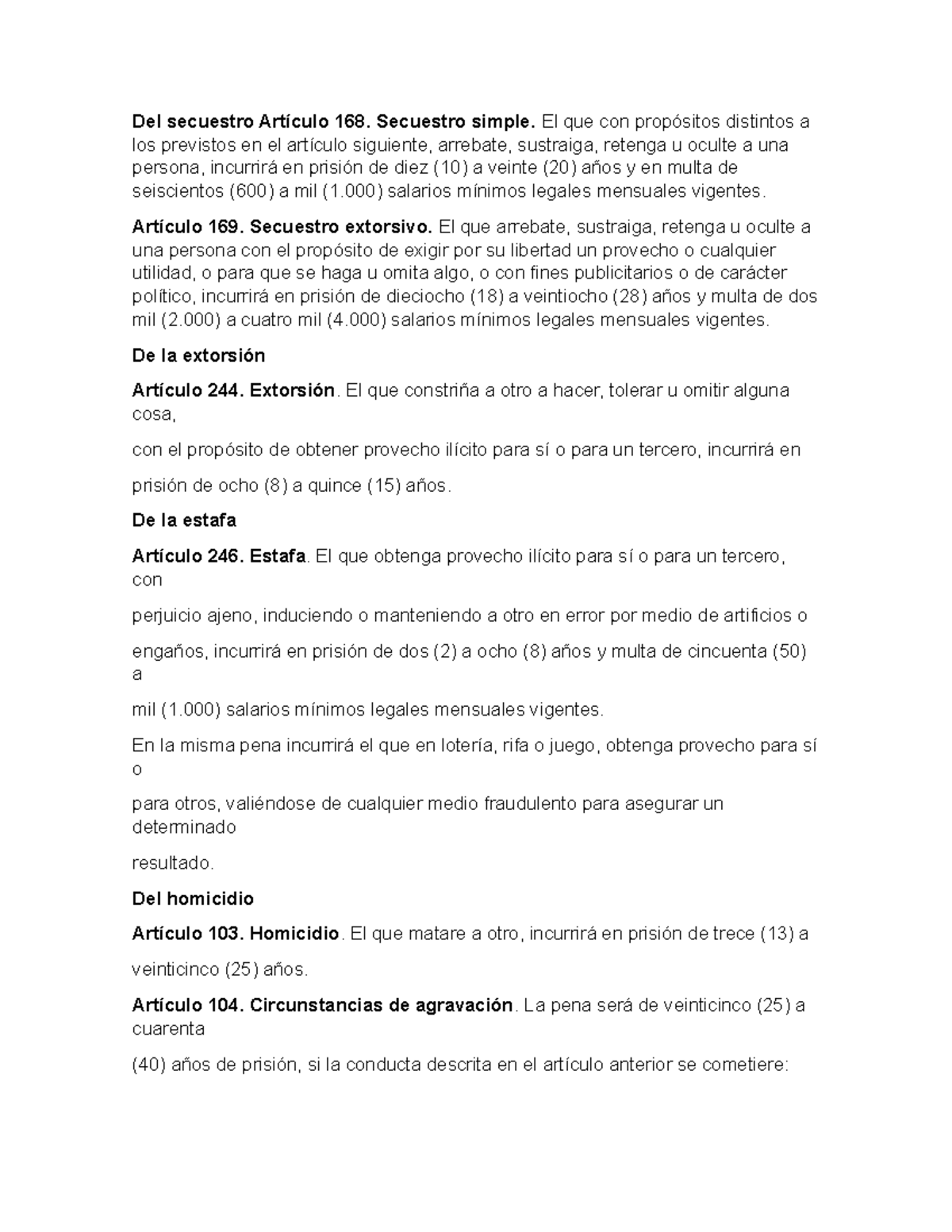 Articulos importantes codigo penal - Del secuestro Artículo 168 ...