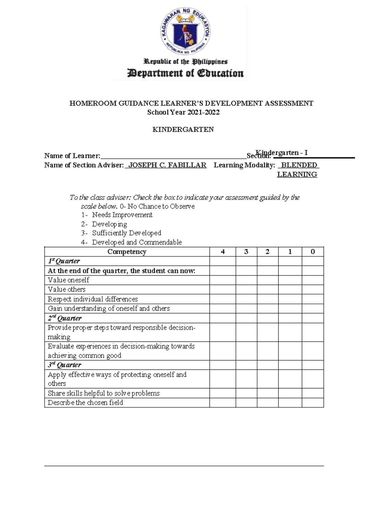 Homeroom Guidance Learners Development Assessment K Indergarten Deped Tambayan Homeroom 4686