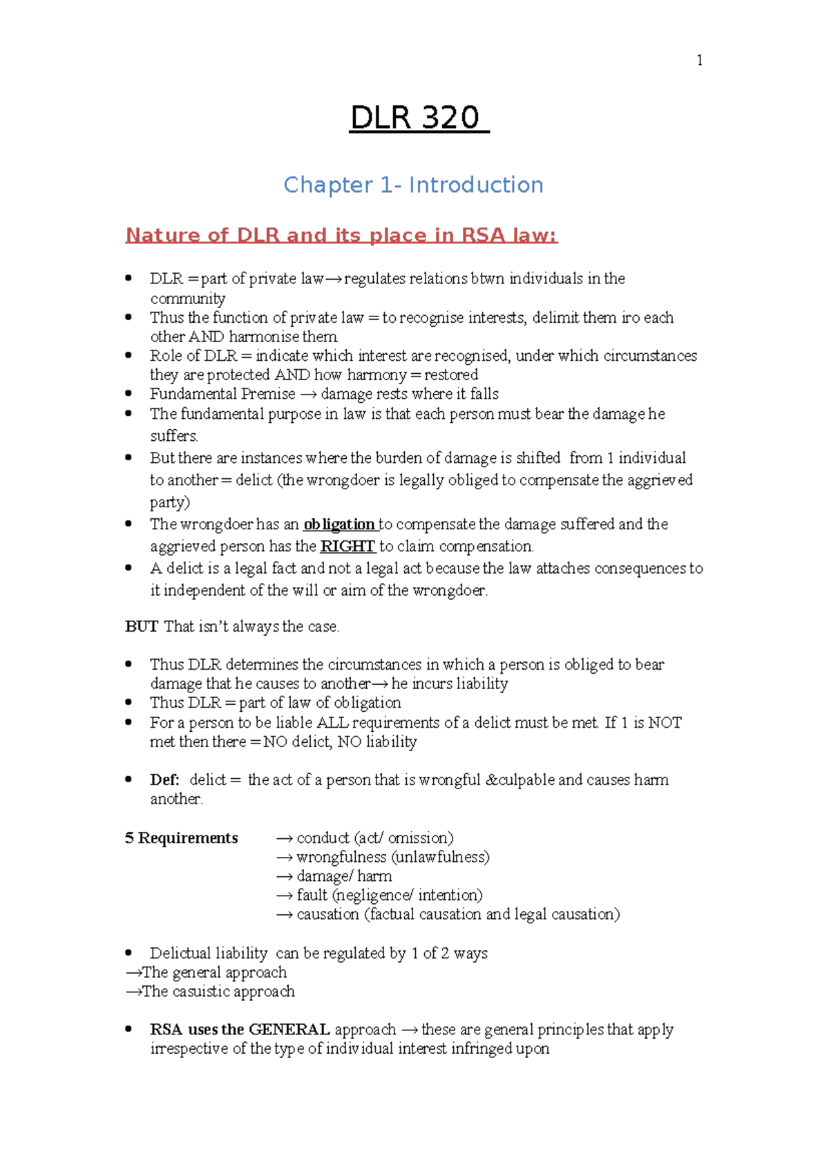 LAw o F Delict Notes - DLR 320 Chapter 1- Introduction Nature of DLR ...