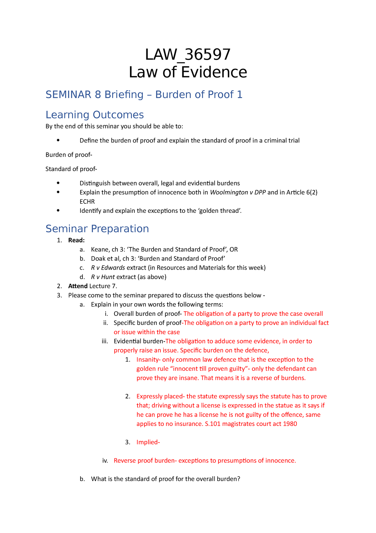 Seminar 8 - Briefing - Burden Of Proof 1 - LAW_ Law Of Evidence SEMINAR ...