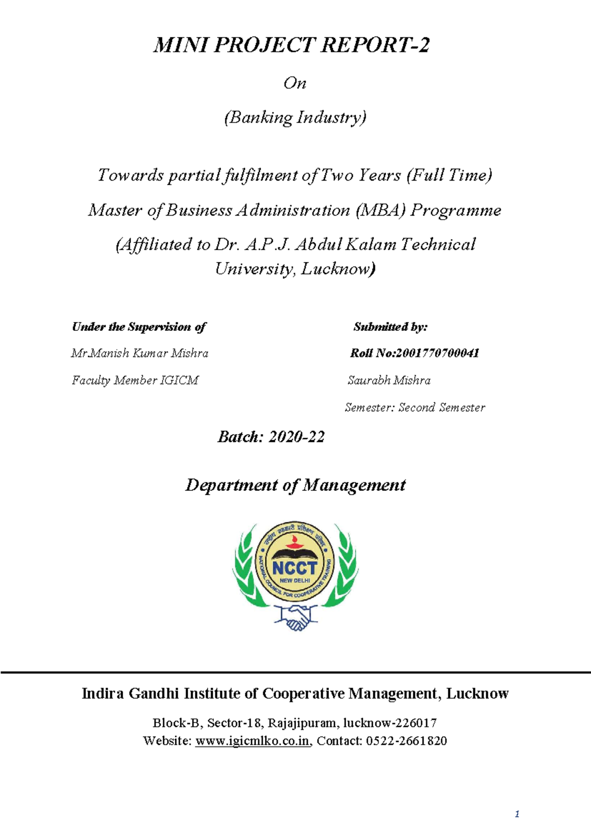 51801419Mini Project 2 Report MBA 2nd Semester 2 1 - MINI PROJECT ...
