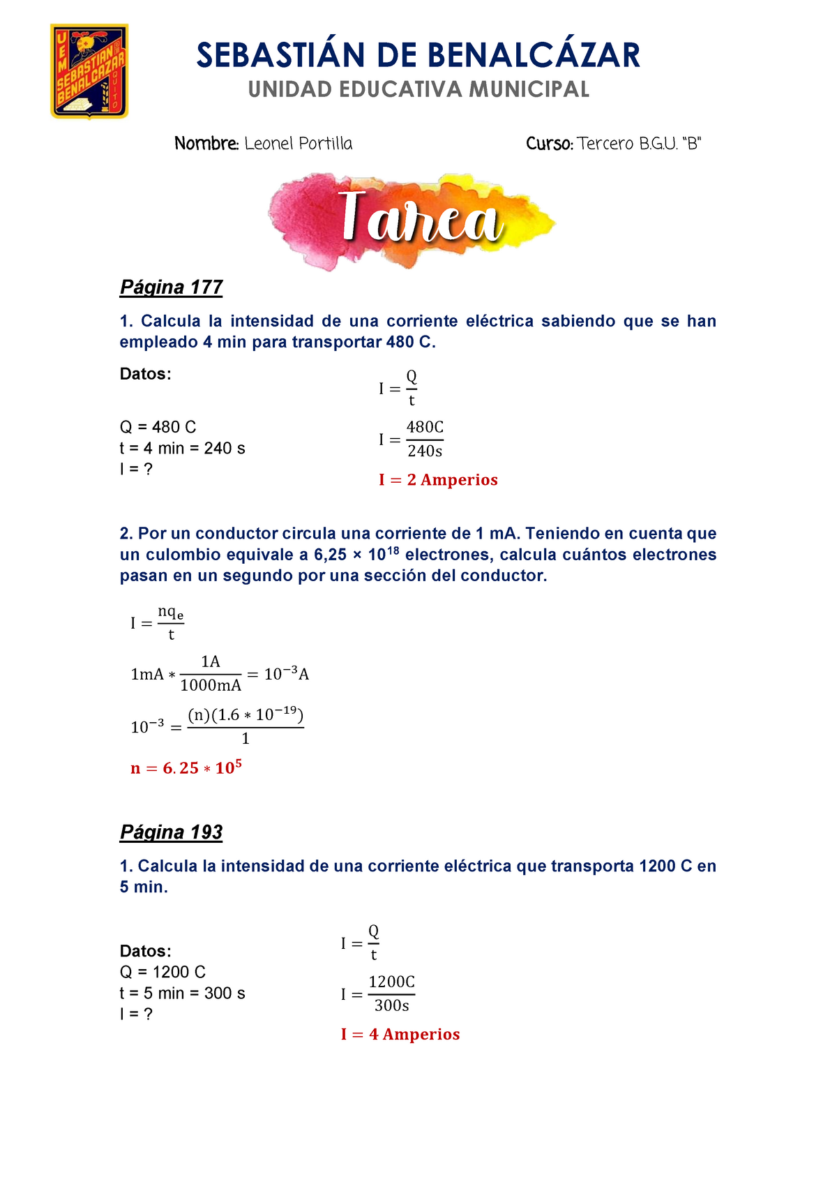 3RO B.G.U. B - GUIA DE DIFERENTES TAREAS 2 - Nombre: Leonel Portilla ...