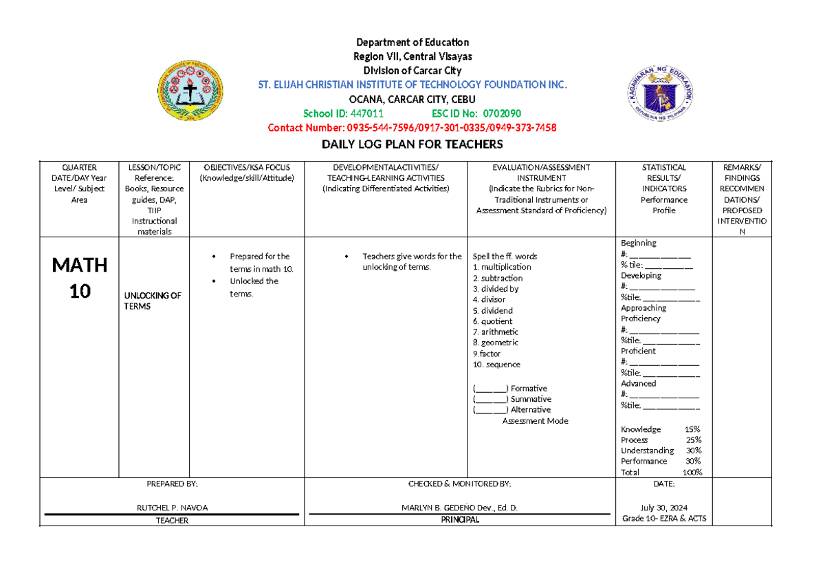Math 10 1st week - detailed lesson plan - Department of Education ...