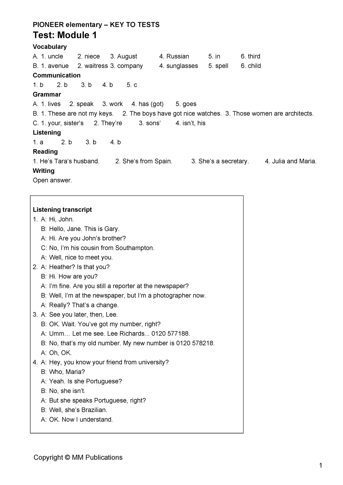 Pioneer Elementary Key To Tests - Test: Module 1 Vocabulary A. 1. Uncle ...