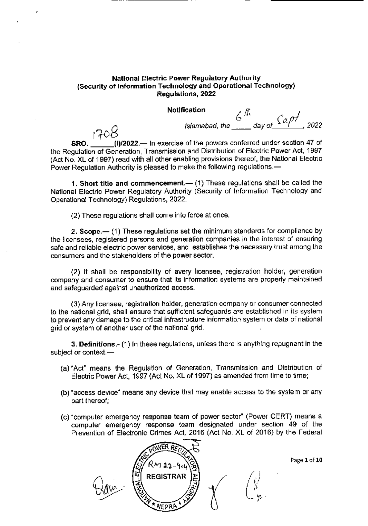 Nepra Security Regulations 2022 - ERR (t1 'i'L REGISTRAR National ...