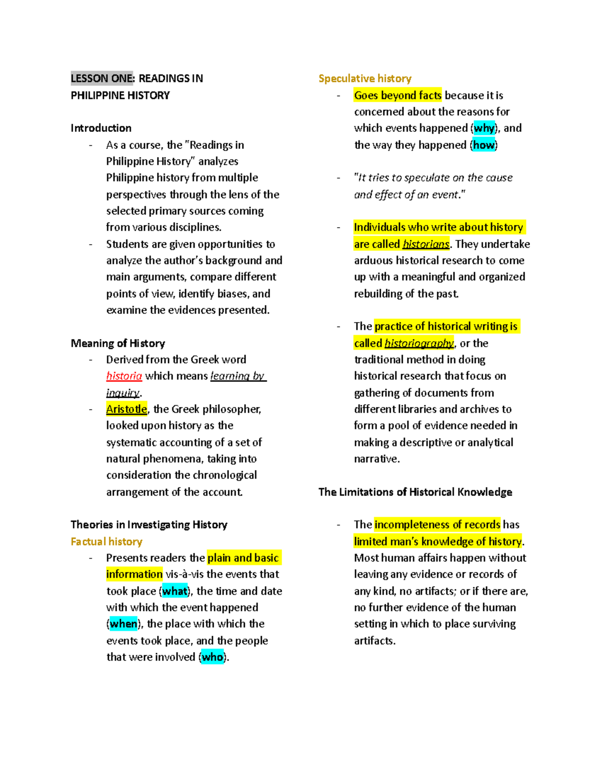 Bhkp Prelim Reviewer - Lesson One: Readings In Philippine History 