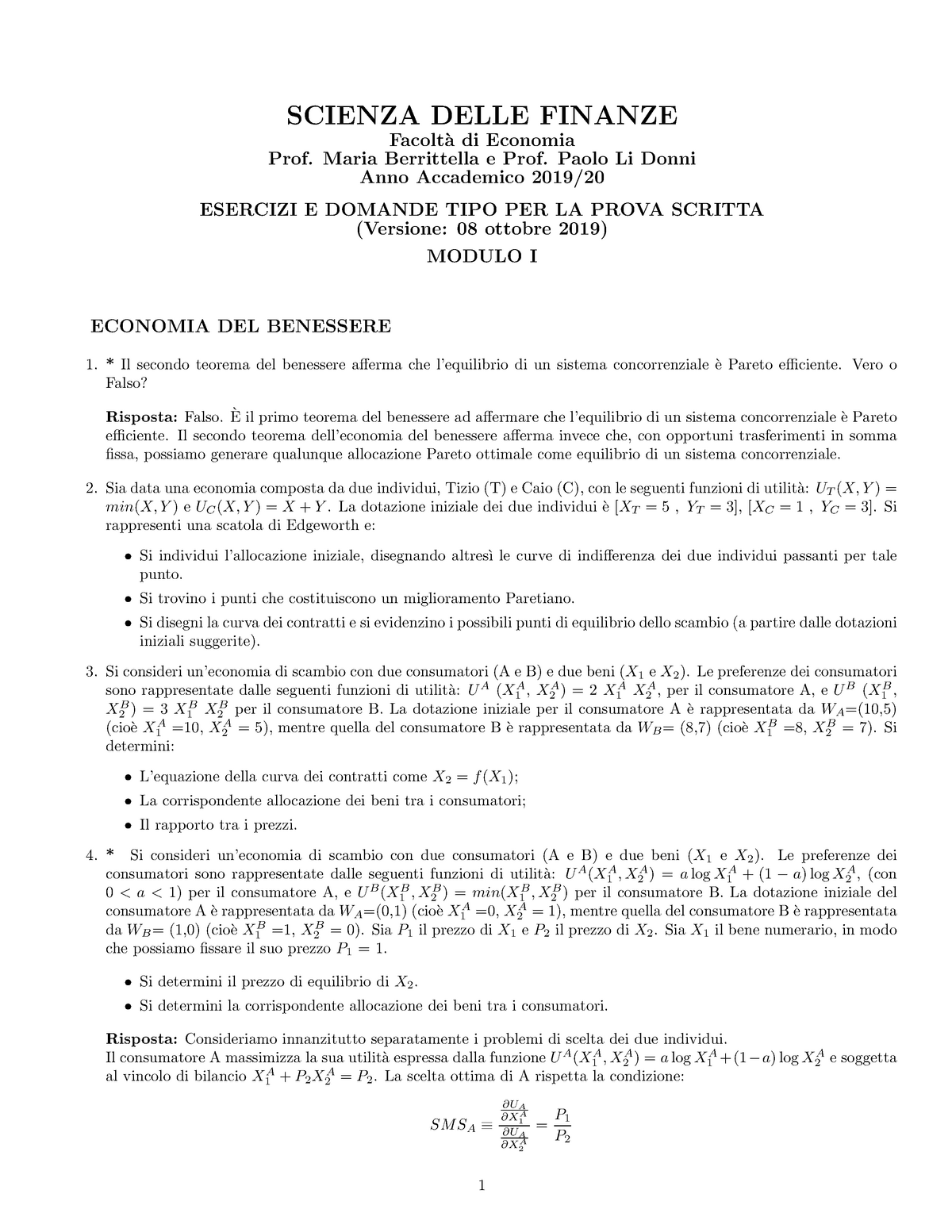 Esercizi Con Soluzioni Scienza Delle Finanze Modulo 1 Studocu