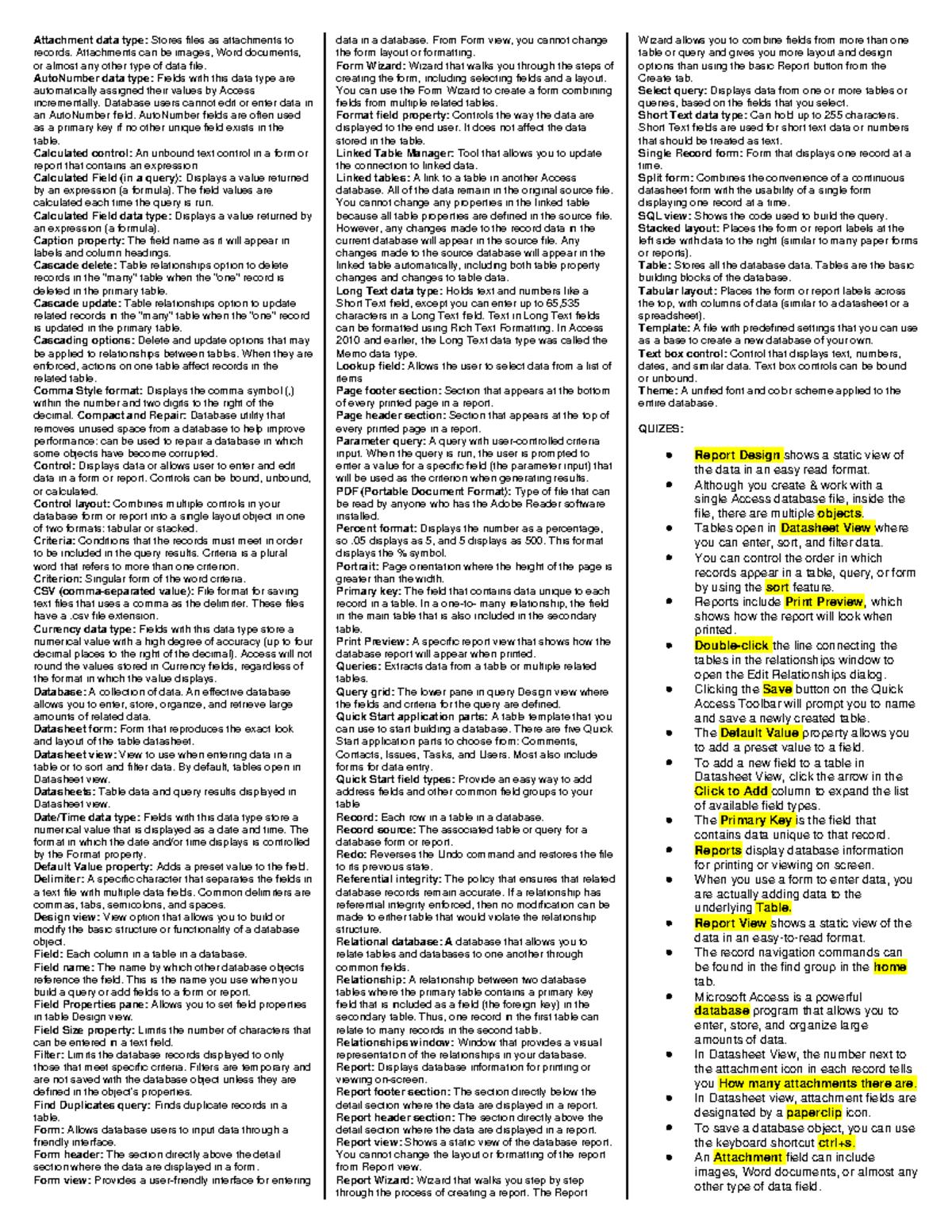 Access Final Exam Study Guide copy Attachment data type Stores files