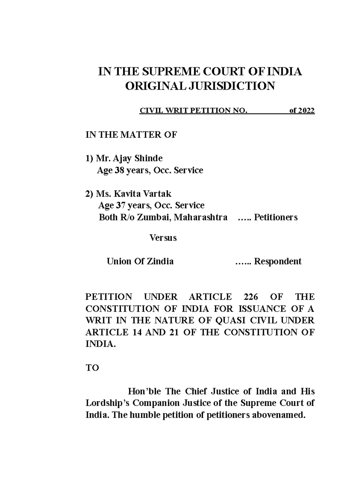 MOOT Court Compition (WRIT Petition) - IN THE SUPREME COURT OF INDIA ...