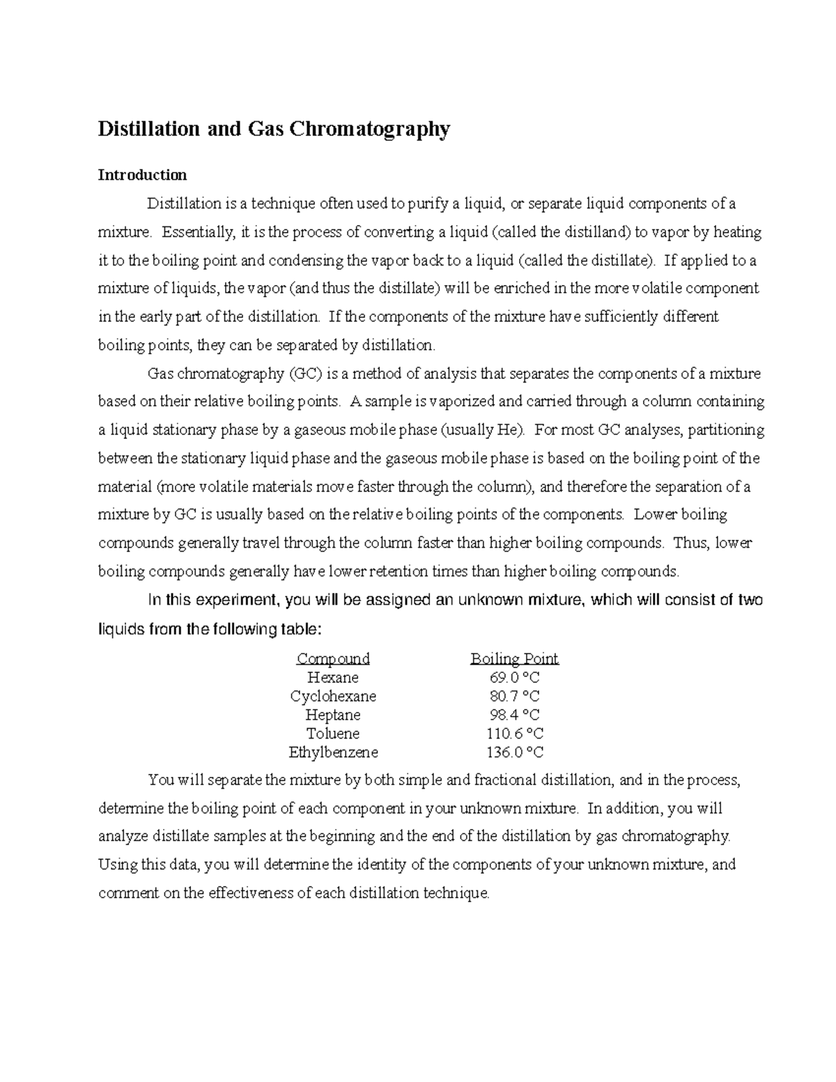 Distillation and Gas Chromatography Distillation and Gas