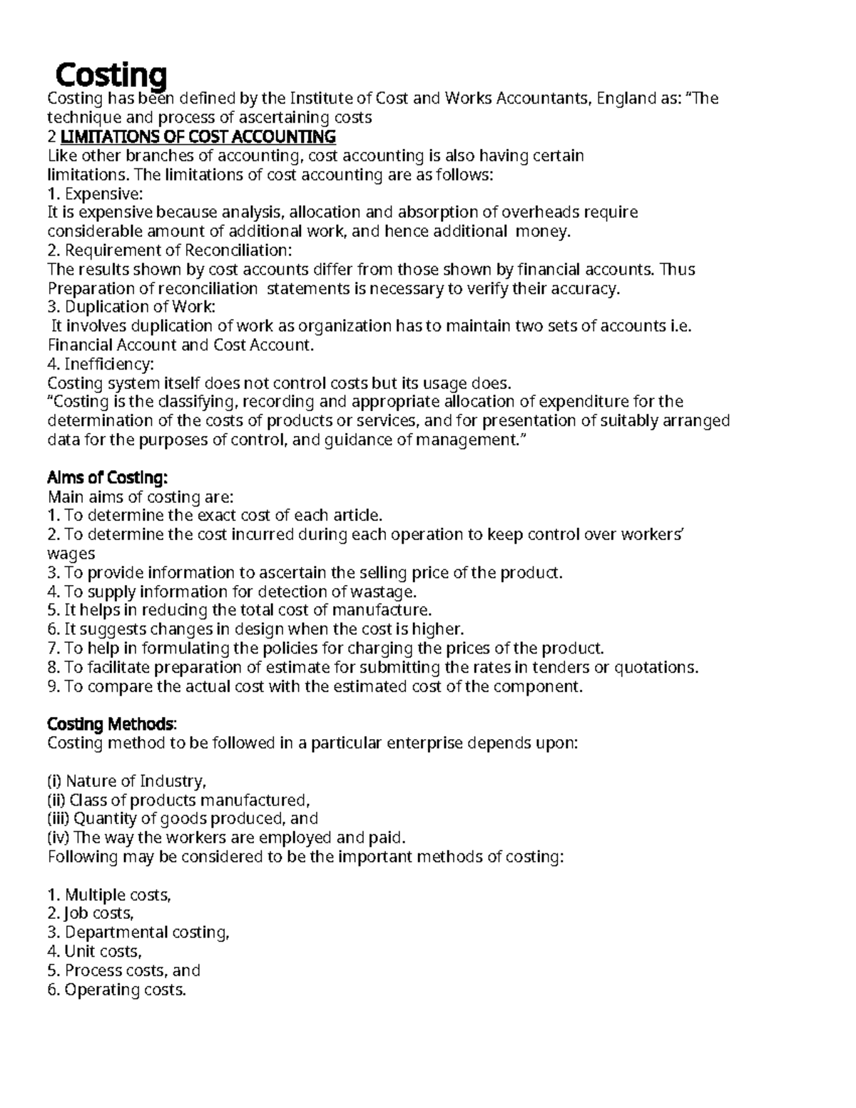 Costing - Notes prepared by manoj sir - Costing Costing has been ...