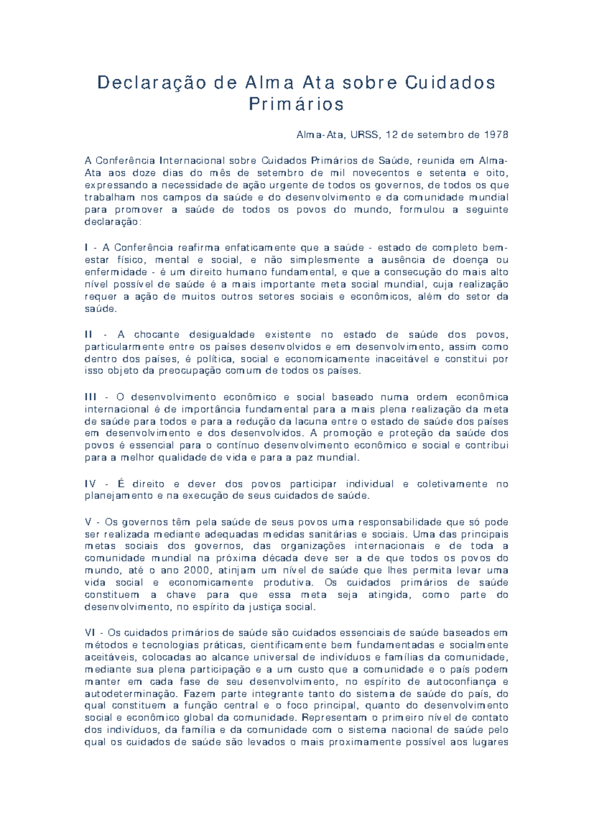 Declaração de Alma-Ata sobre Cuidados - Declaração de Alma Ata sobre ...