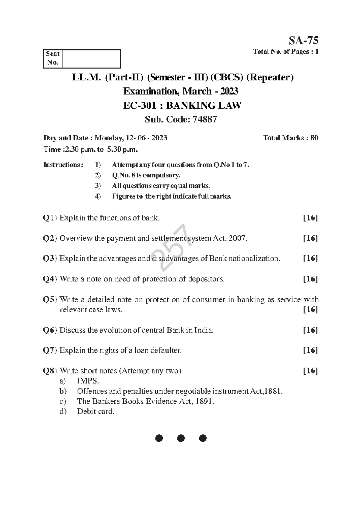 Banking law qp 2 - question paper - Q1) Explain the functions of bank ...