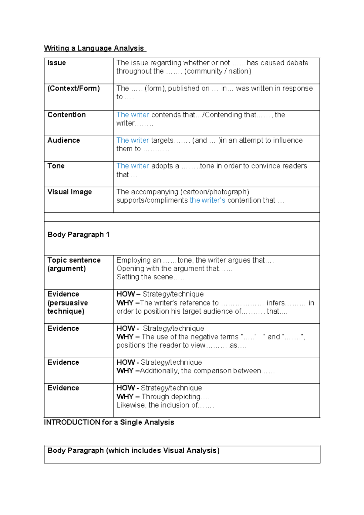 language analysis essay template