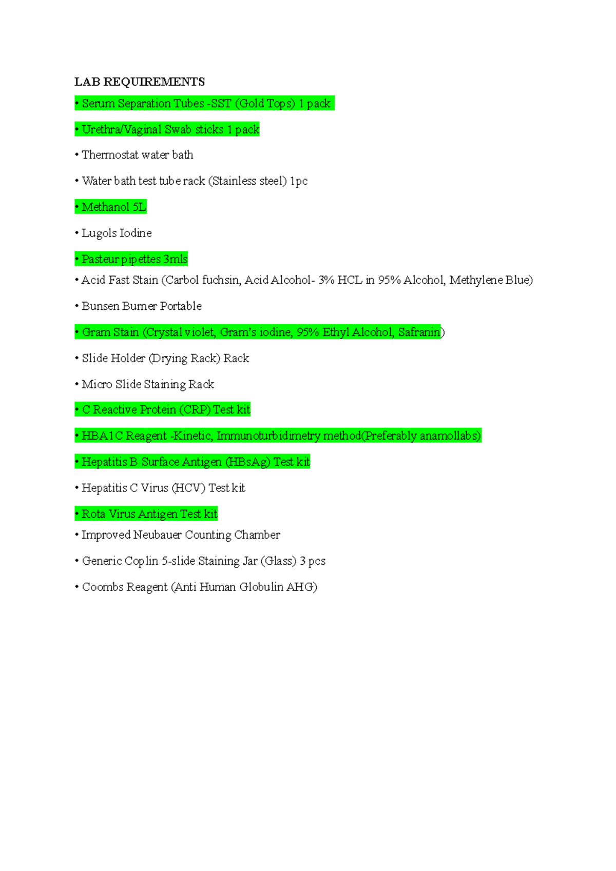LAB Items - LAB REQUIREMENTS Serum Separation Tubes -SST (Gold Tops) 1 ...